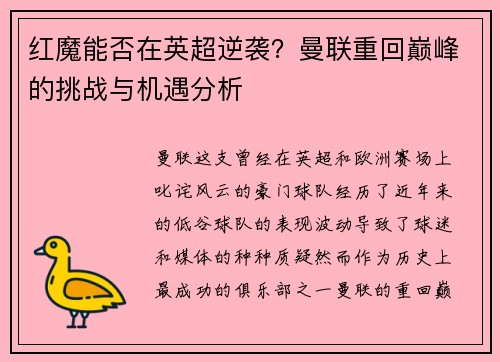 红魔能否在英超逆袭？曼联重回巅峰的挑战与机遇分析