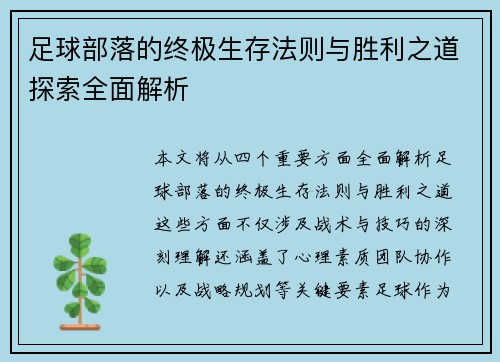 足球部落的终极生存法则与胜利之道探索全面解析